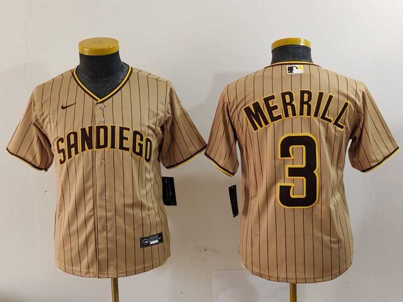 Youth San Diego Padres #3 Jackson Merrill Tan 2023 Cool Base Stitched Jersey